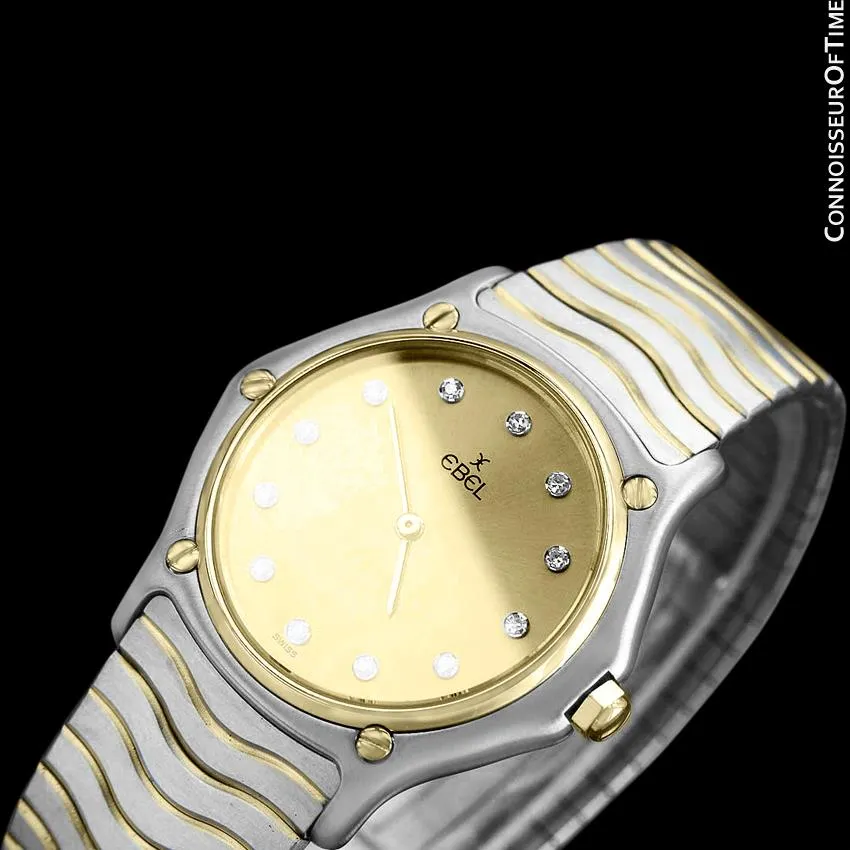 Ebel Classic Wave Unisex Mens Midsize Bracelet Watch - Stainless Steel, 18K Gold and Factory Ebel Diamonds
