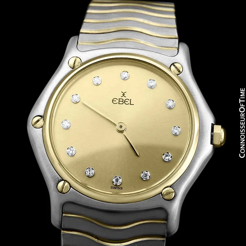 Ebel Classic Wave Unisex Mens Midsize Bracelet Watch - Stainless Steel, 18K Gold and Factory Ebel Diamonds