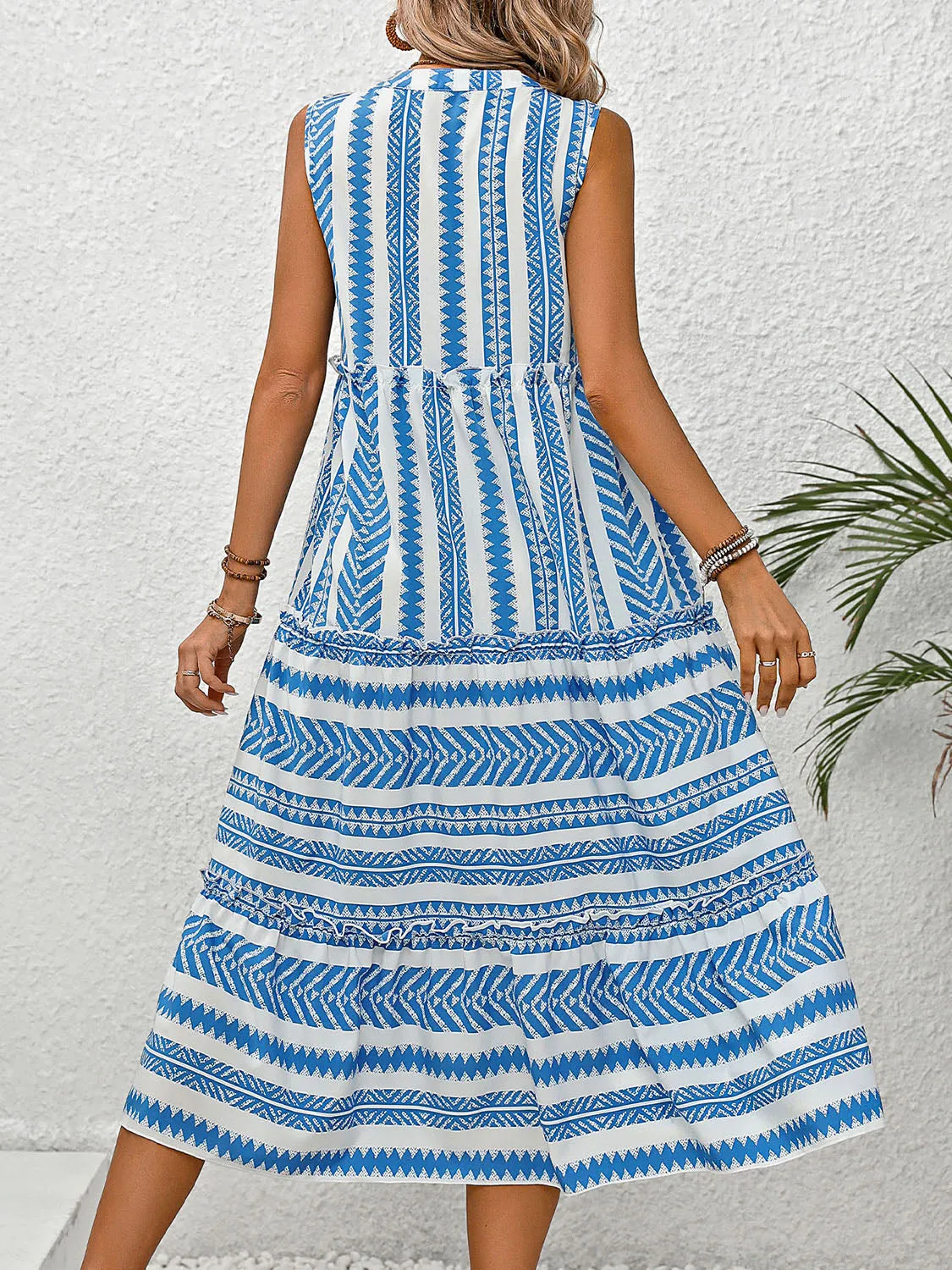 Edith Frill Printed Notched Sleeveless Dress