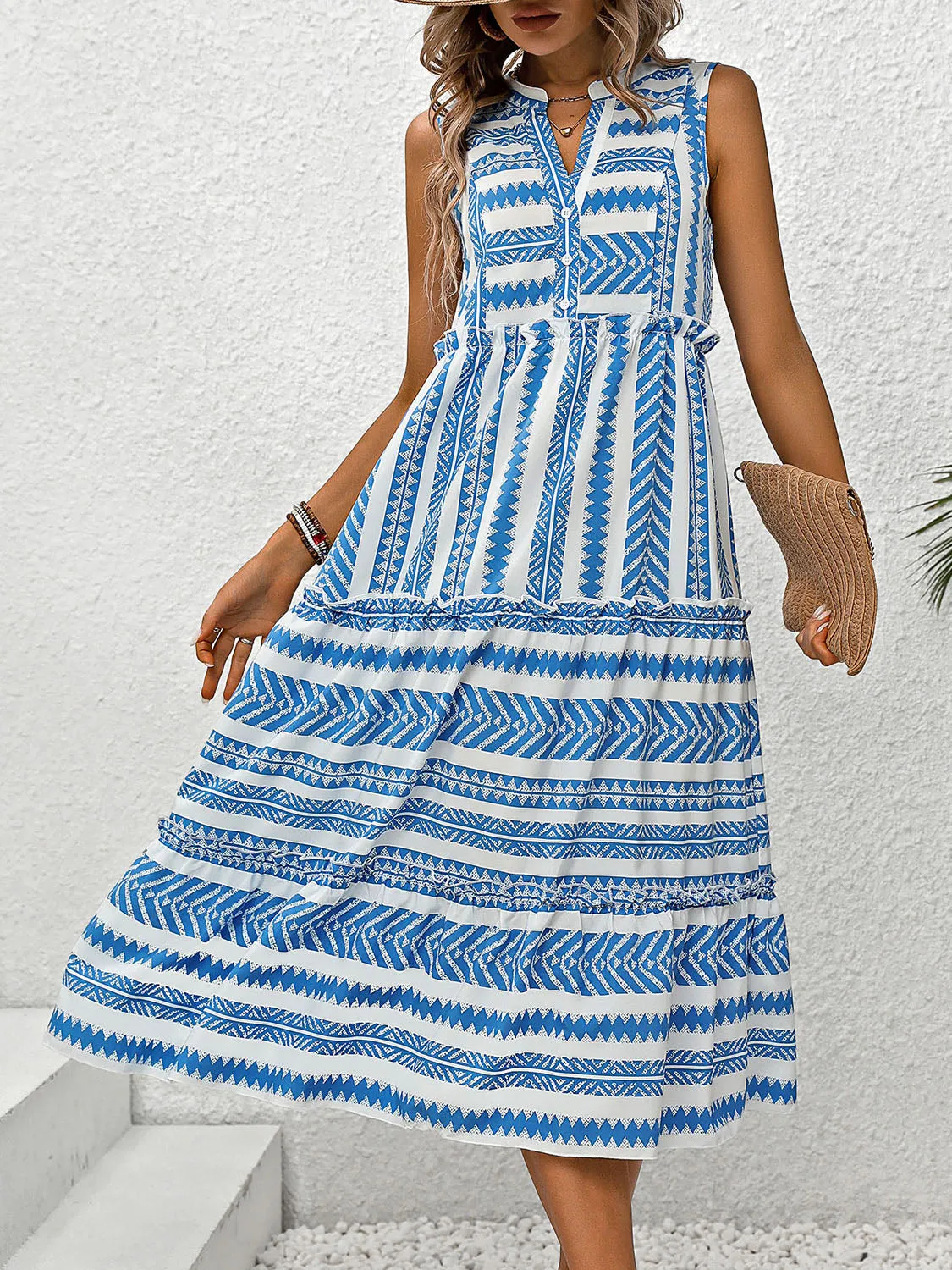 Edith Frill Printed Notched Sleeveless Dress