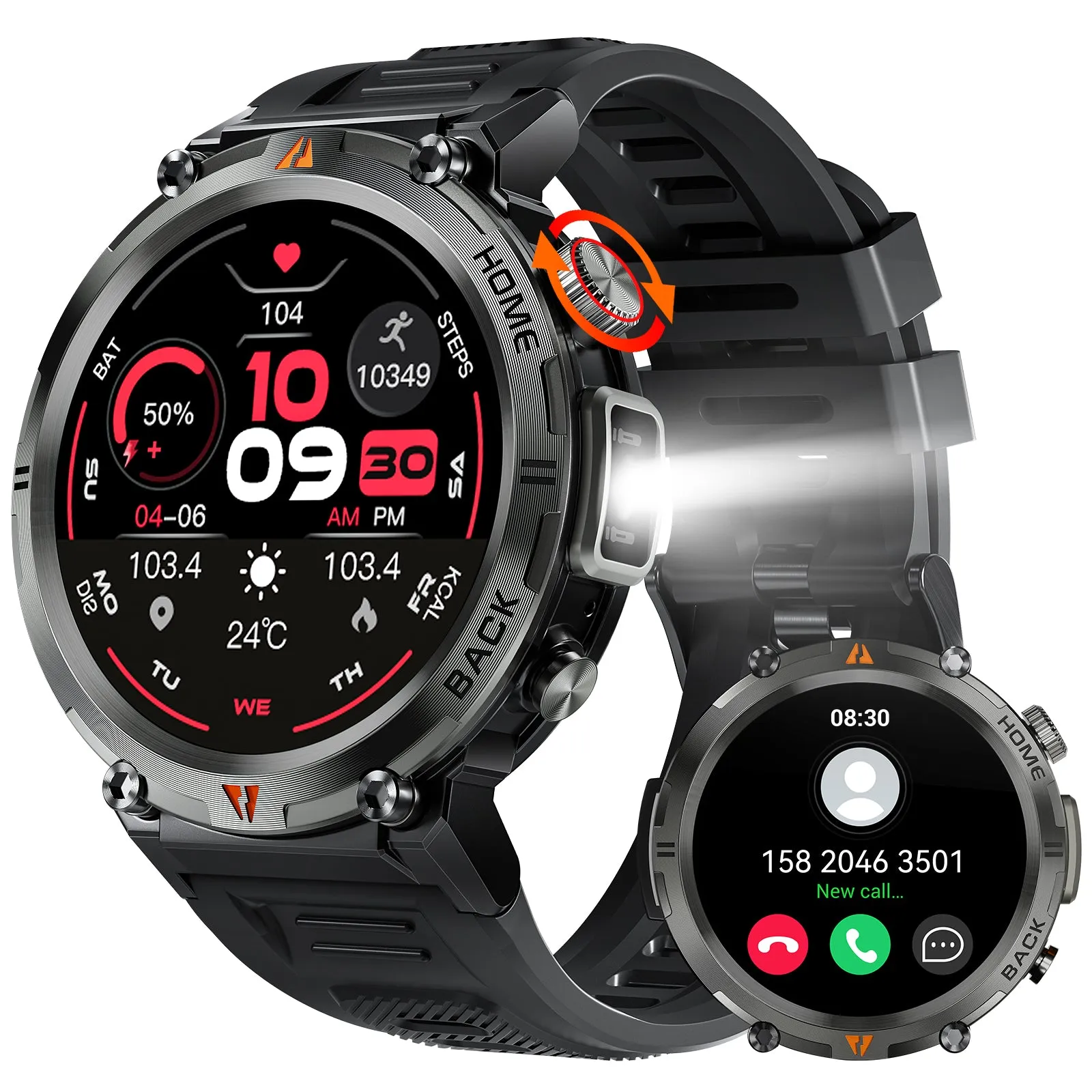 EIGIIS KE3 LED Flashlight Smart Watch Men Bluetooth Call Full Touch Screen Health Monitor Clock With Men SmartWatch For iOS Android