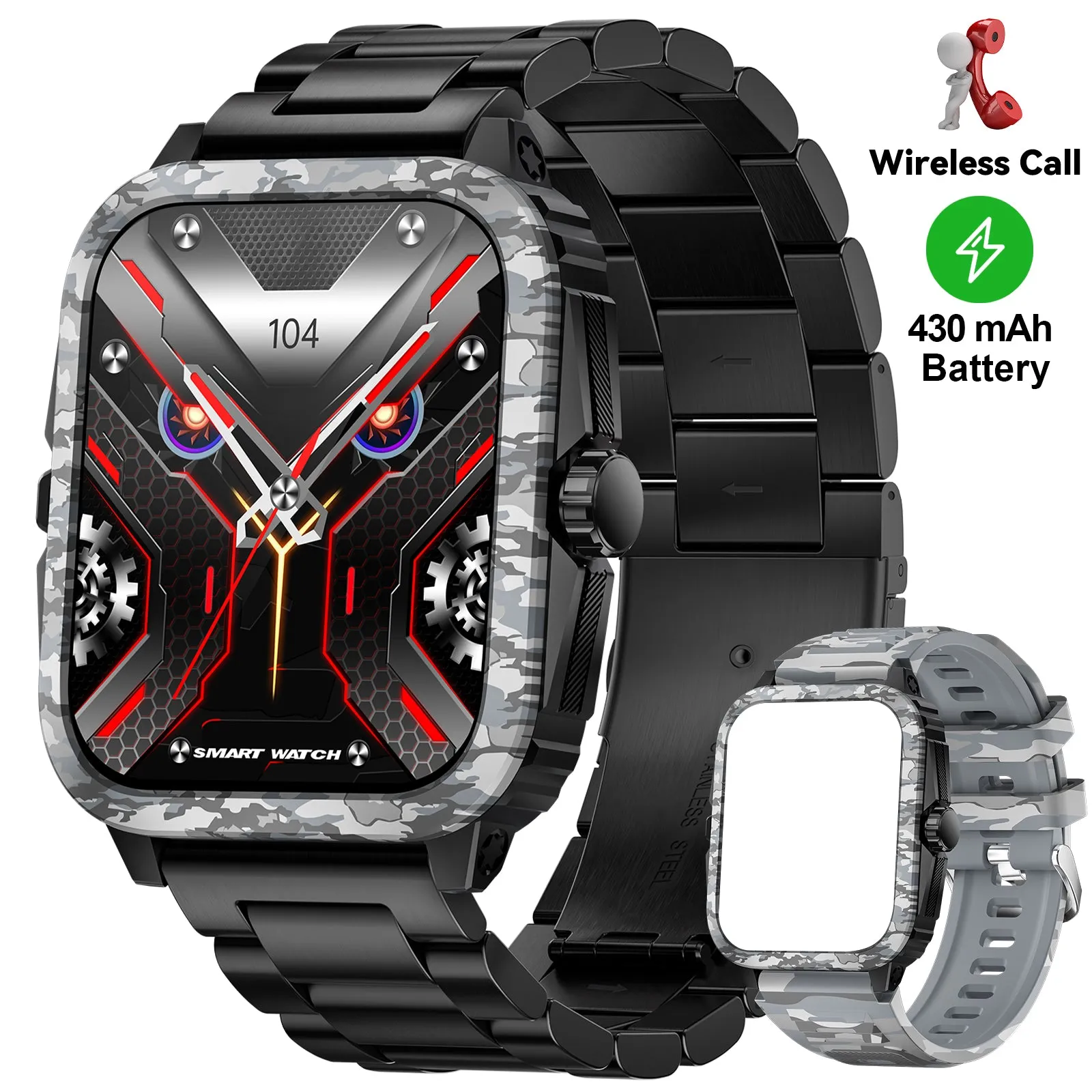 EIGIIS Waterproof Sports Smartwatch for Men Women, 1.96″ HD Screen, 430 mAh Battery, Exercise Logging (Steps, Distance, Calorie Count), Messages Computer Weather Sleep Logging, Smartwatch For Android iPhone, Fitness Watch