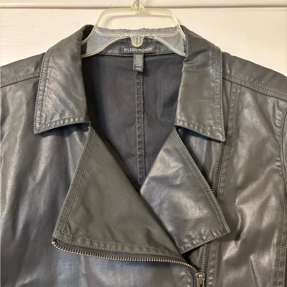 Eileen Fisher cotton Medium Moto Jacket Black full zipper Italian Quiet Luxury