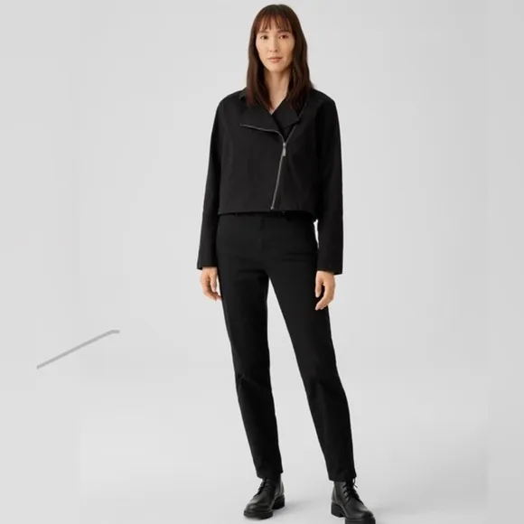 Eileen Fisher cotton Medium Moto Jacket Black full zipper Italian Quiet Luxury