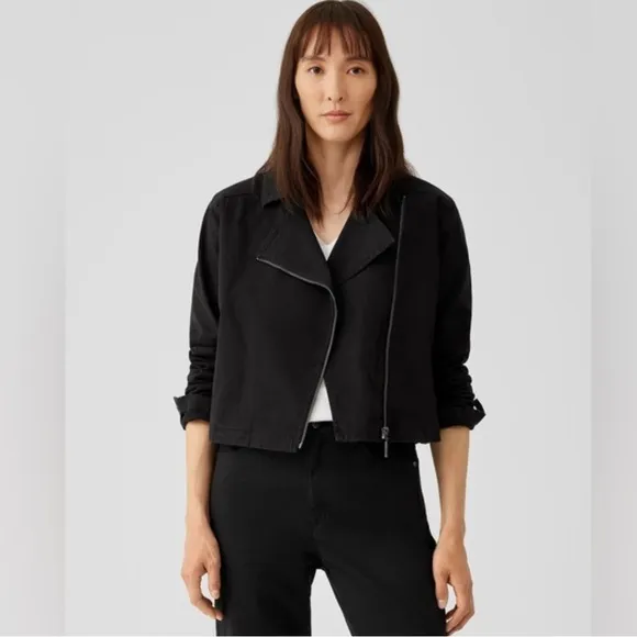 Eileen Fisher cotton Medium Moto Jacket Black full zipper Italian Quiet Luxury