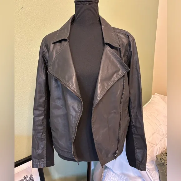 Eileen Fisher cotton Medium Moto Jacket Black full zipper Italian Quiet Luxury