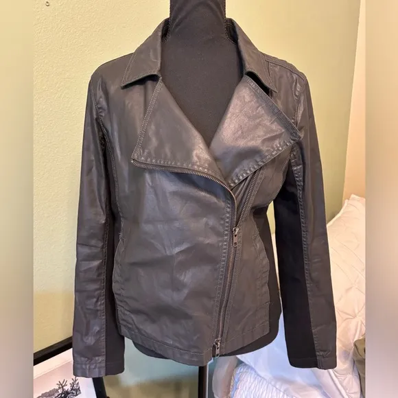 Eileen Fisher cotton Medium Moto Jacket Black full zipper Italian Quiet Luxury