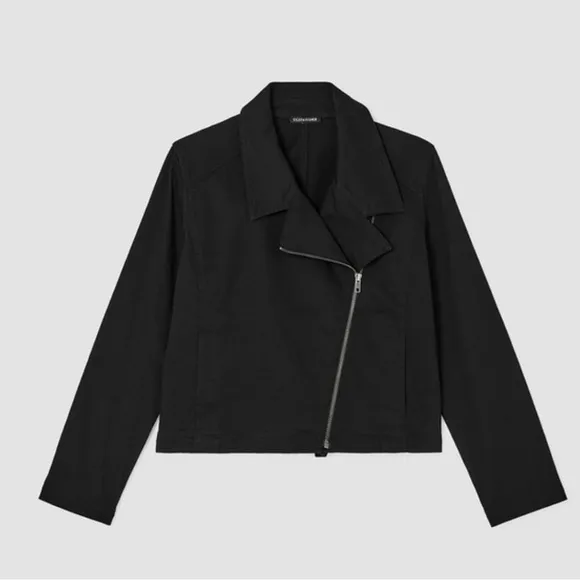 Eileen Fisher cotton Medium Moto Jacket Black full zipper Italian Quiet Luxury