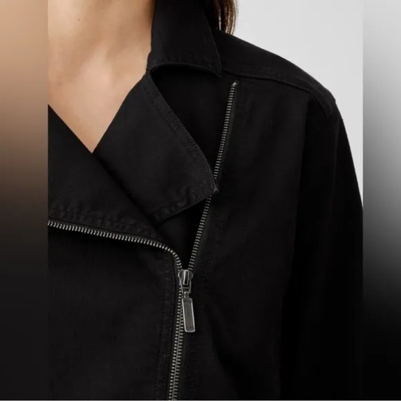 Eileen Fisher cotton Medium Moto Jacket Black full zipper Italian Quiet Luxury
