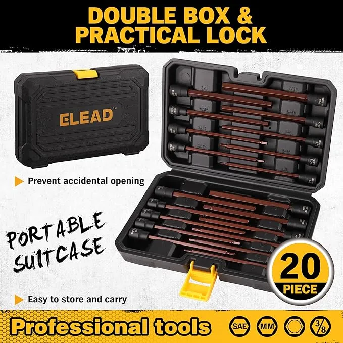 ELEAD Extra-Long Allen Hex Bit Socket Set: 20-Piece 3/8 Inch Drive, S2 Steel, Standard SAE & Metric (1/8-Inch - 7/16-Inch, 3-12mm) for Impact Drills and Ratchet Wrenches