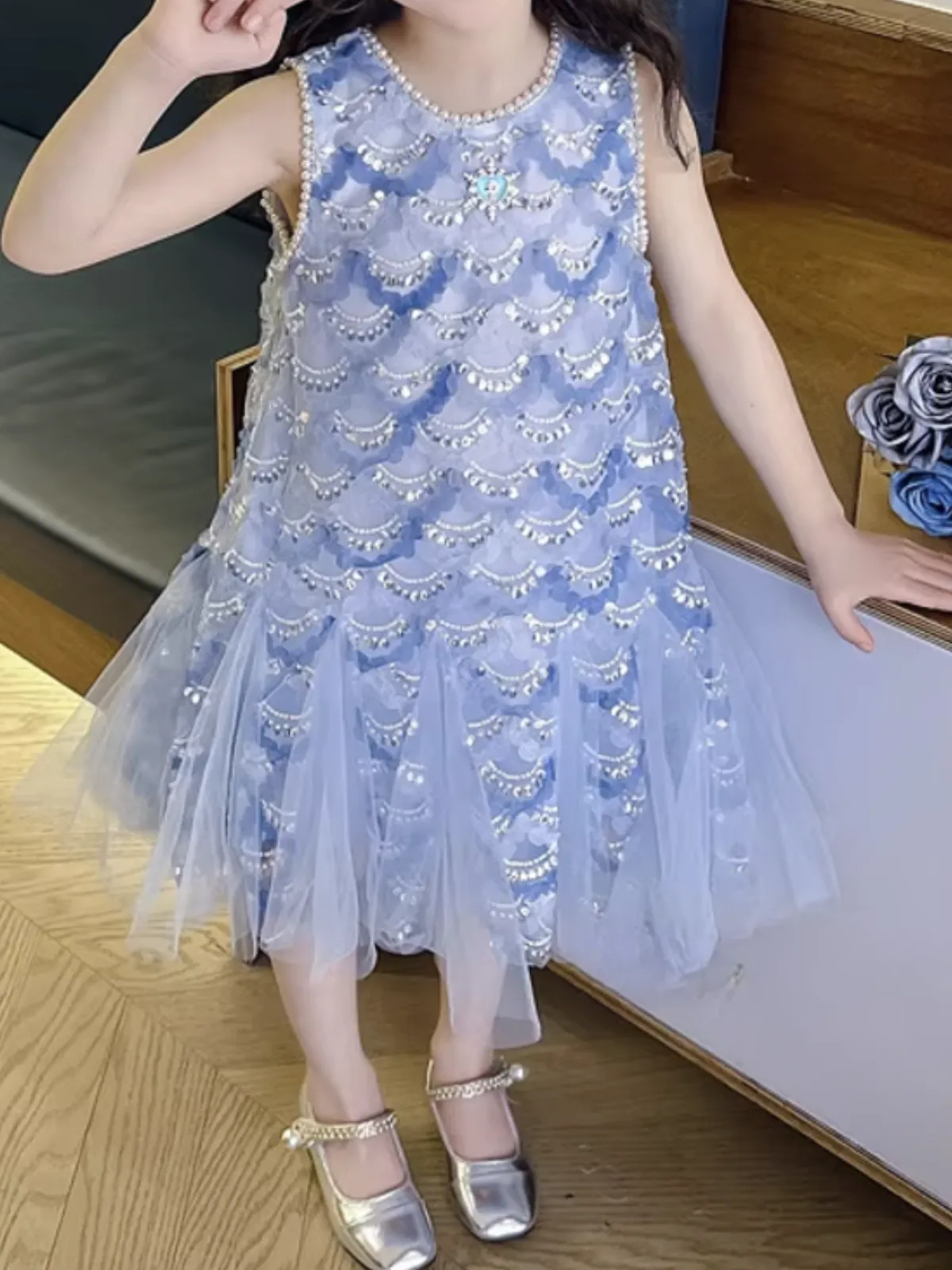 Elegant Blue Sequin Tulle Dress