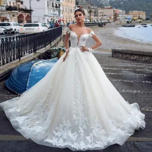 Elegant Bridal Long Sleeve Luxury Lace Appliques Wedding Dresses