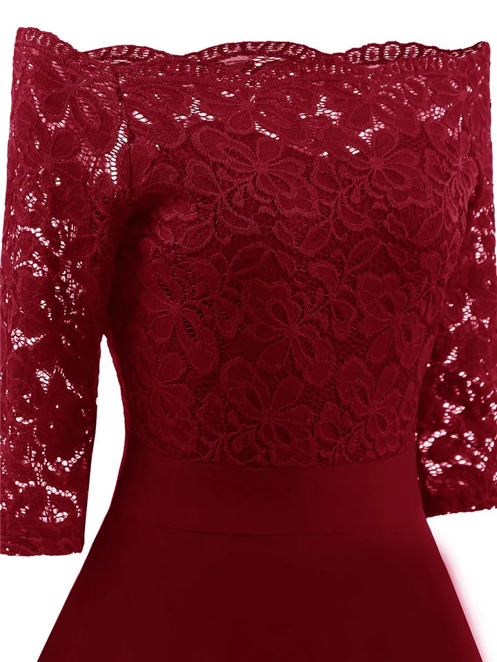 Elegant Off Shoulder Floral Lace 3/4 Sleeve High Waist Flare Dress