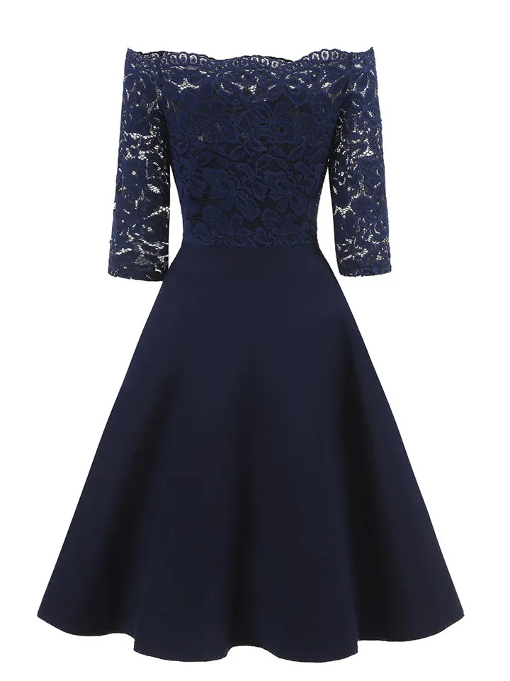 Elegant Off Shoulder Floral Lace 3/4 Sleeve High Waist Flare Dress