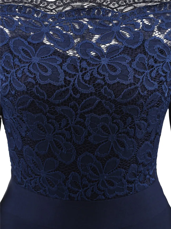 Elegant Off Shoulder Floral Lace 3/4 Sleeve High Waist Flare Dress