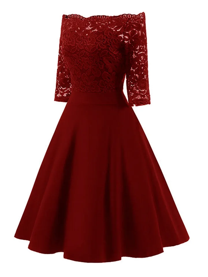 Elegant Off Shoulder Floral Lace 3/4 Sleeve High Waist Flare Dress