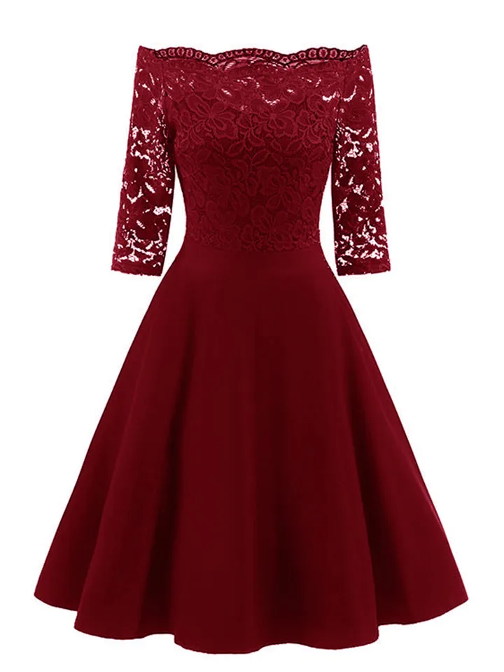 Elegant Off Shoulder Floral Lace 3/4 Sleeve High Waist Flare Dress