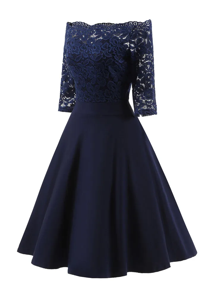 Elegant Off Shoulder Floral Lace 3/4 Sleeve High Waist Flare Dress