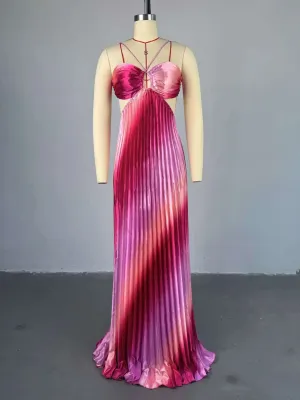 Elegant Ombre Pleated Satin Evening Gown – Backless Cutout Maxi Dress
