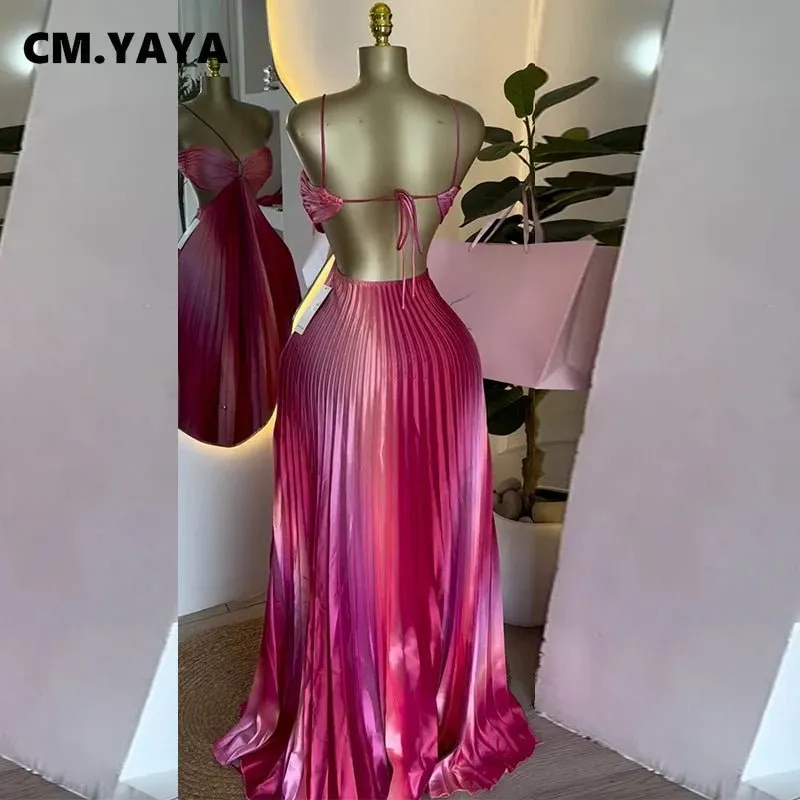 Elegant Ombre Pleated Satin Evening Gown – Backless Cutout Maxi Dress