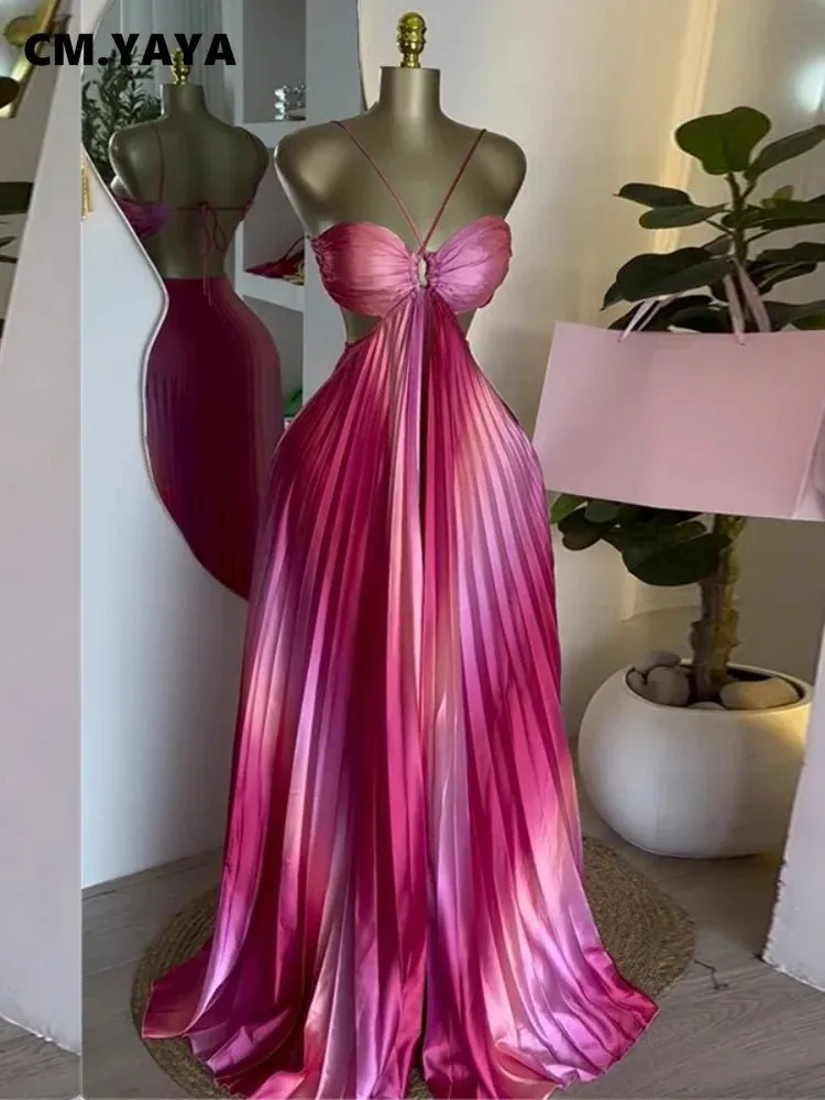Elegant Ombre Pleated Satin Evening Gown – Backless Cutout Maxi Dress