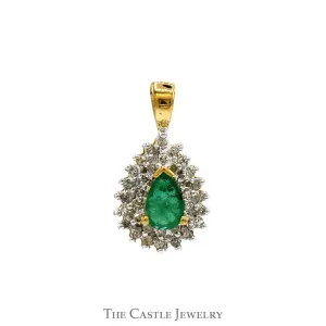 Elegant Pear Cut Emerald Pendant with Diamond Cluster in 10k Yellow Gold