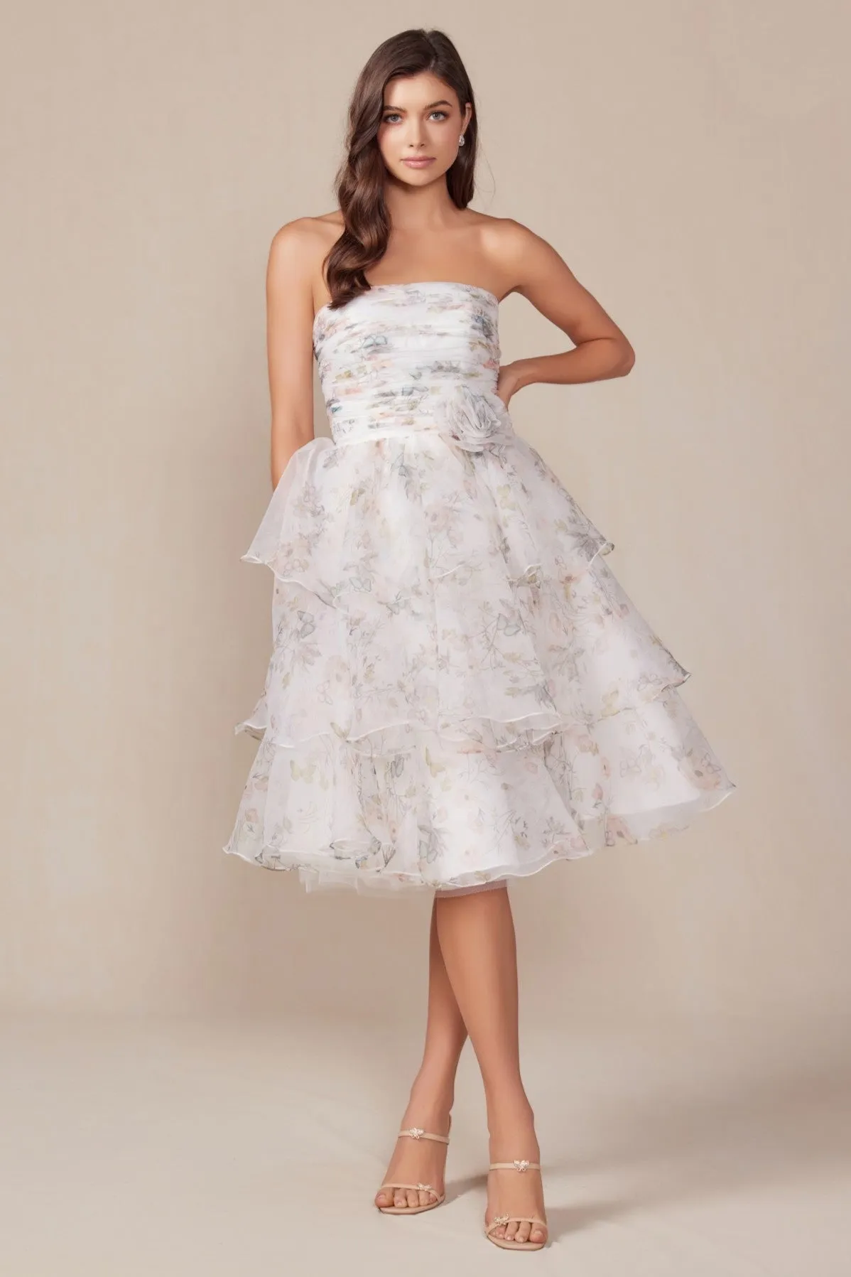 Elegant Strapless Floral Print Layered Dress