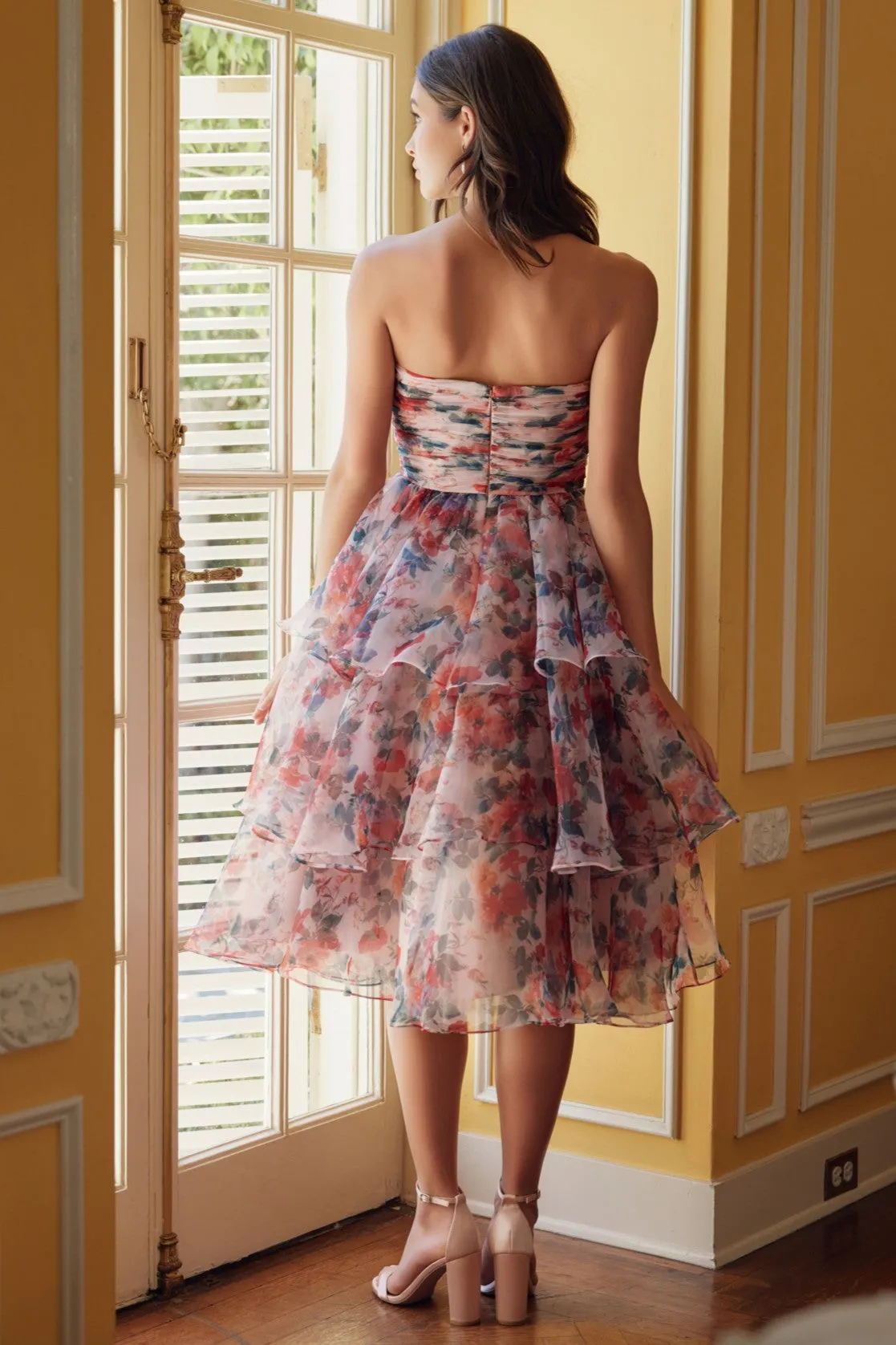 Elegant Strapless Floral Print Layered Dress