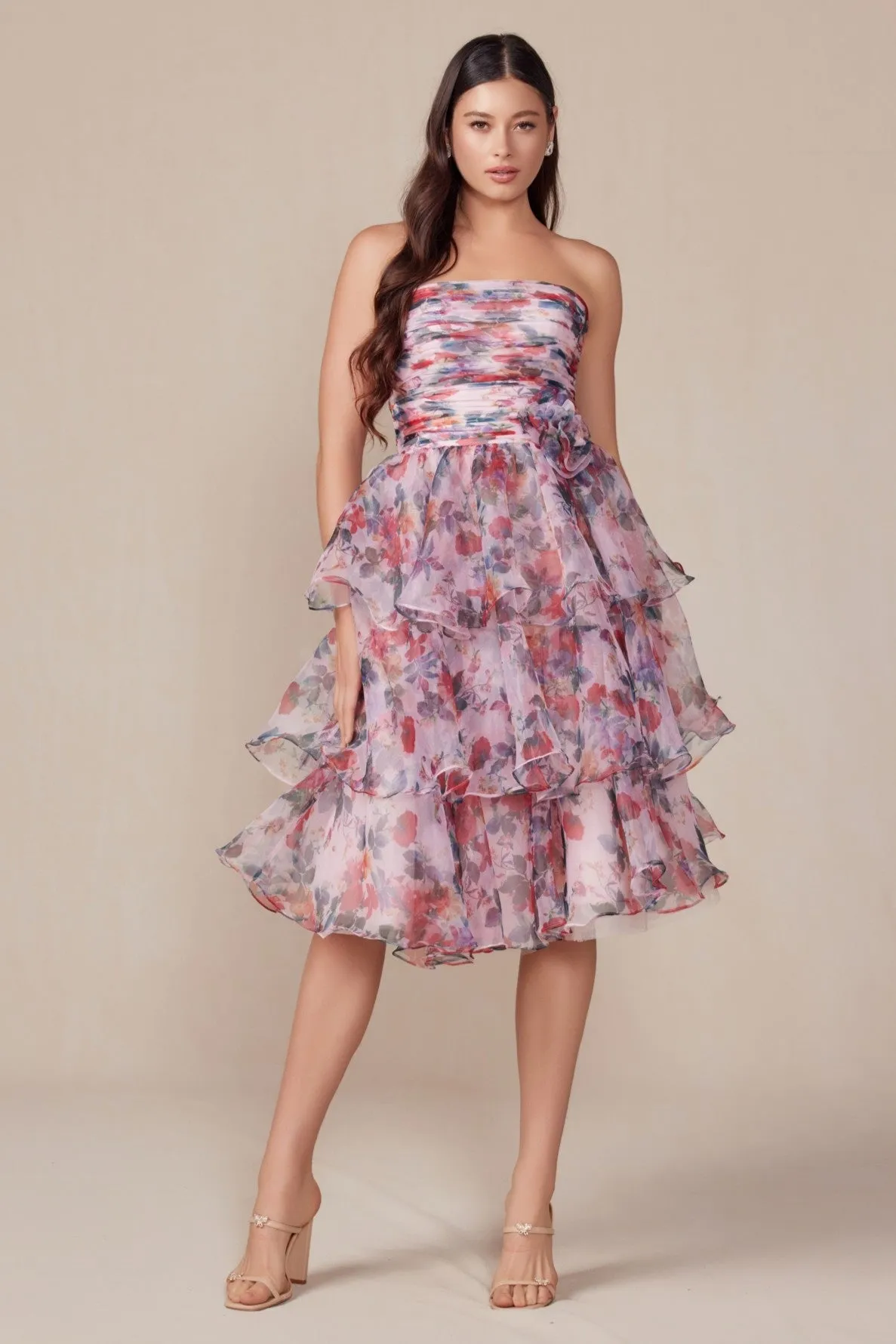 Elegant Strapless Floral Print Layered Dress