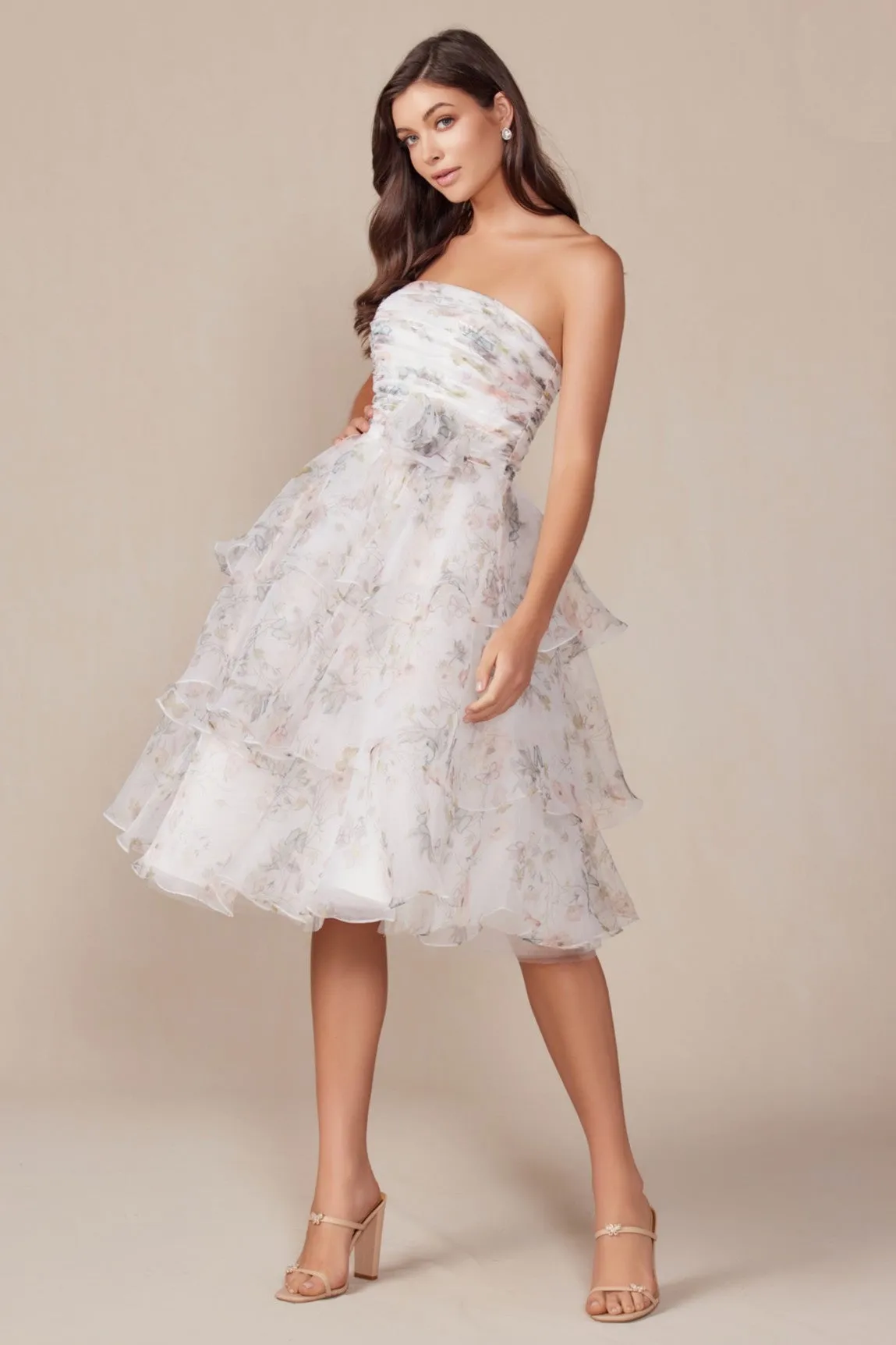 Elegant Strapless Floral Print Layered Dress