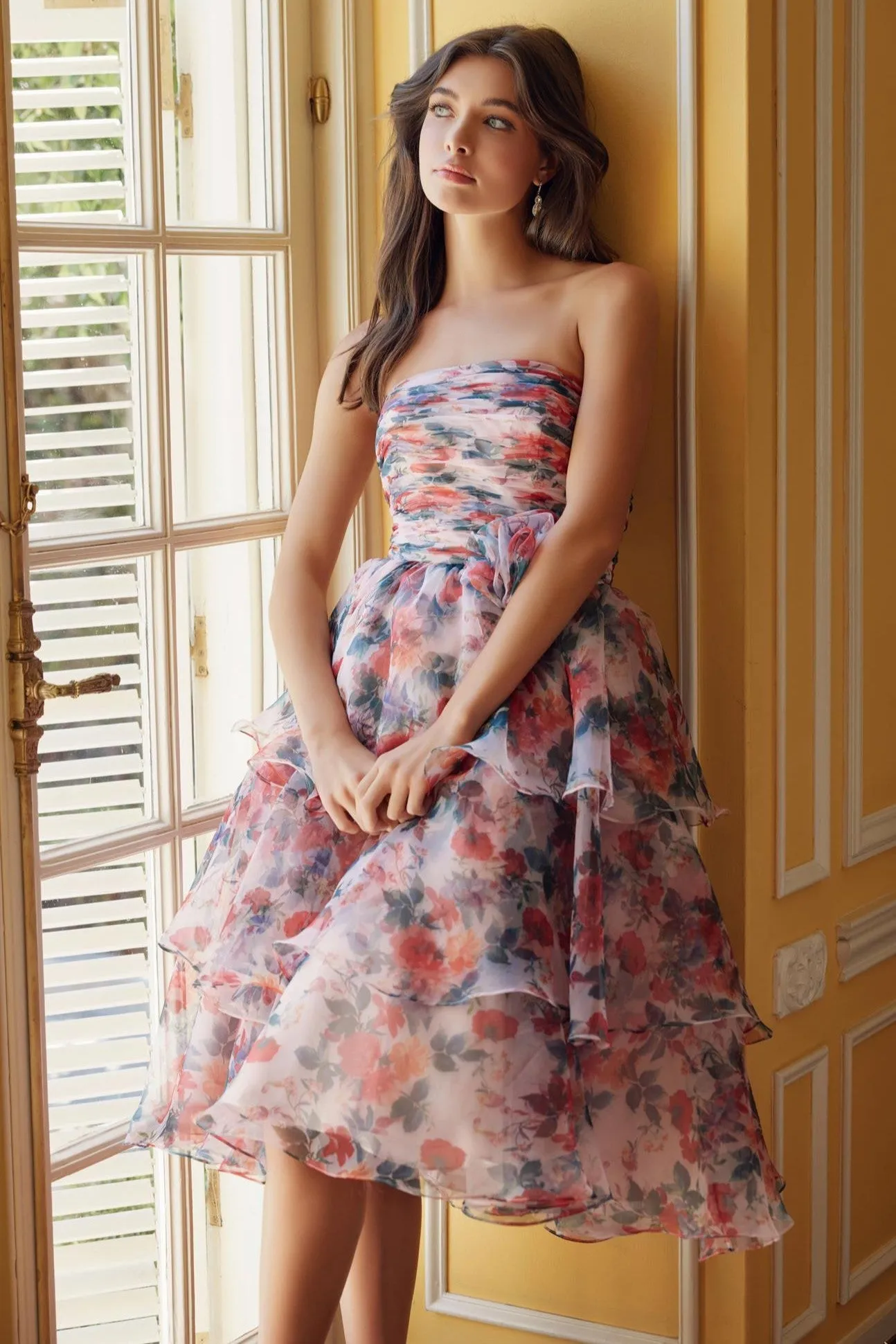 Elegant Strapless Floral Print Layered Dress