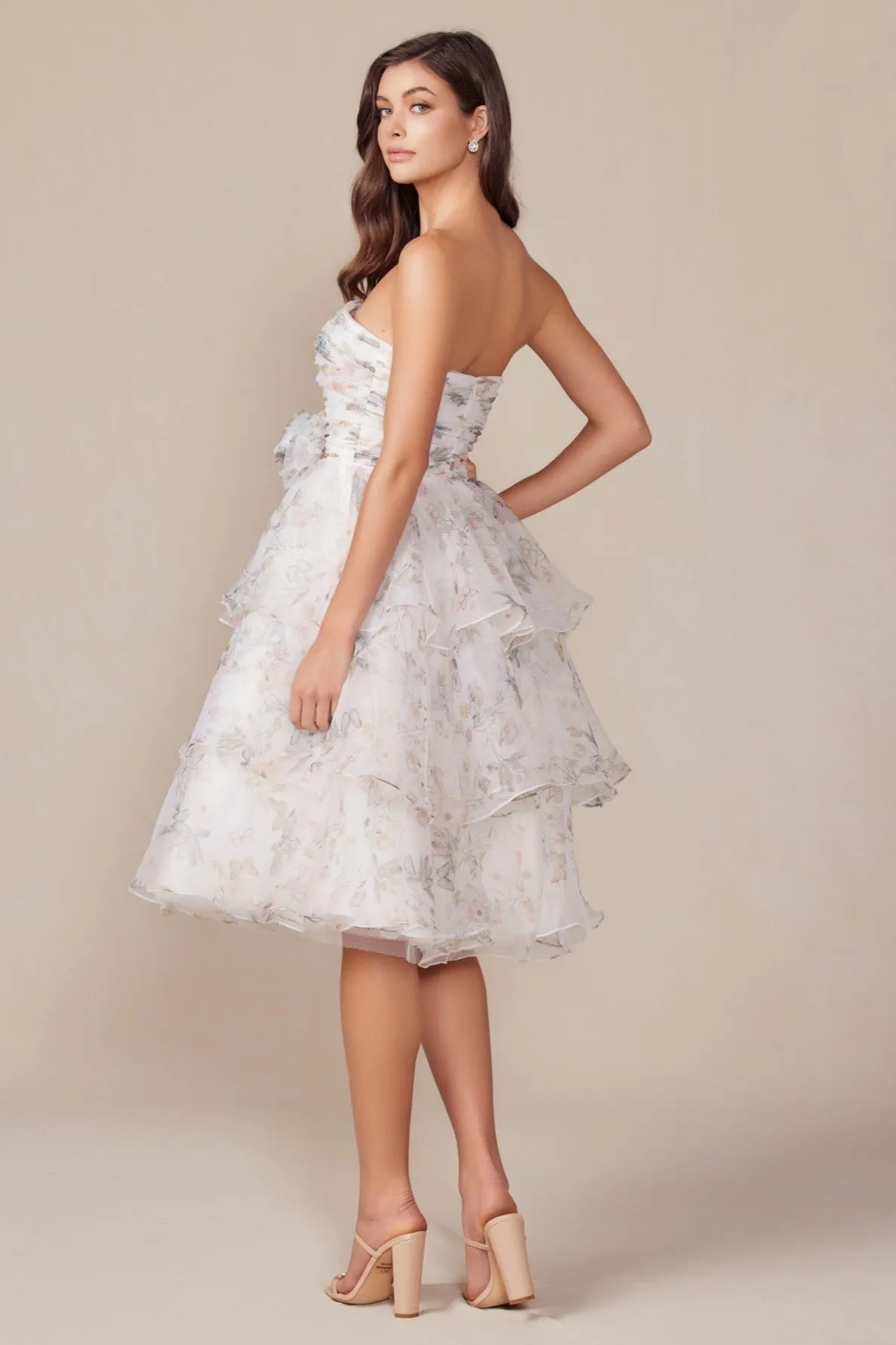 Elegant Strapless Floral Print Layered Dress