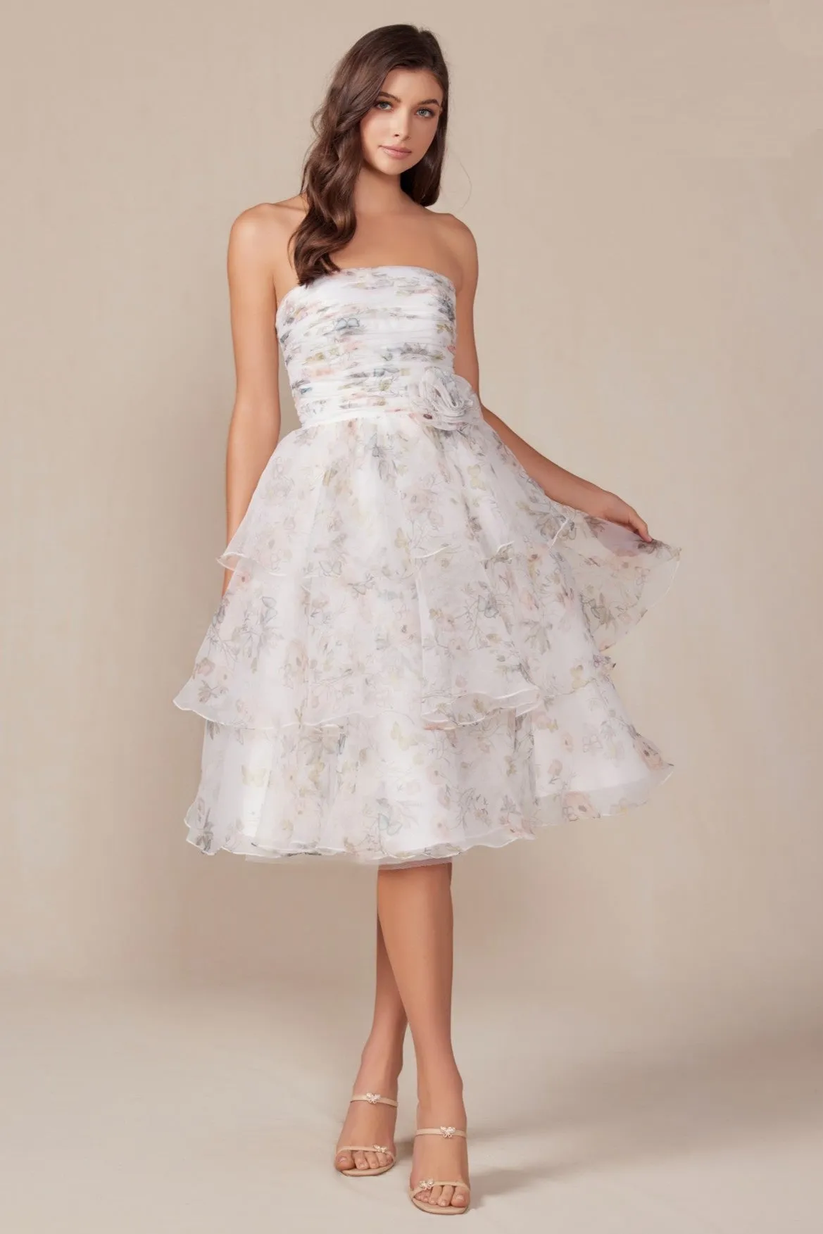 Elegant Strapless Floral Print Layered Dress