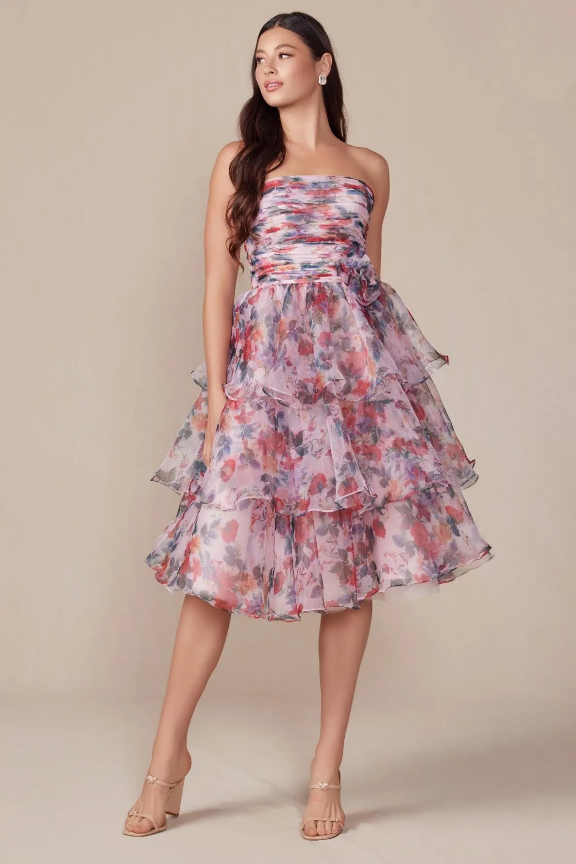 Elegant Strapless Floral Print Layered Dress