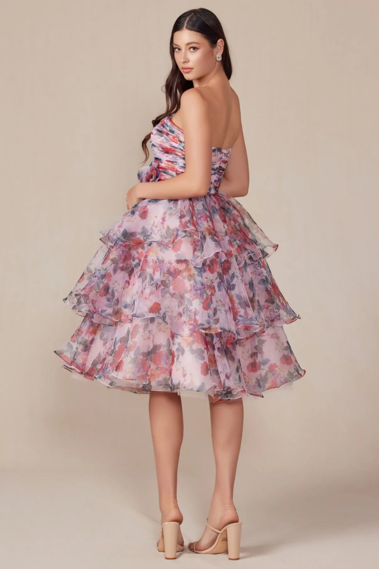 Elegant Strapless Floral Print Layered Dress