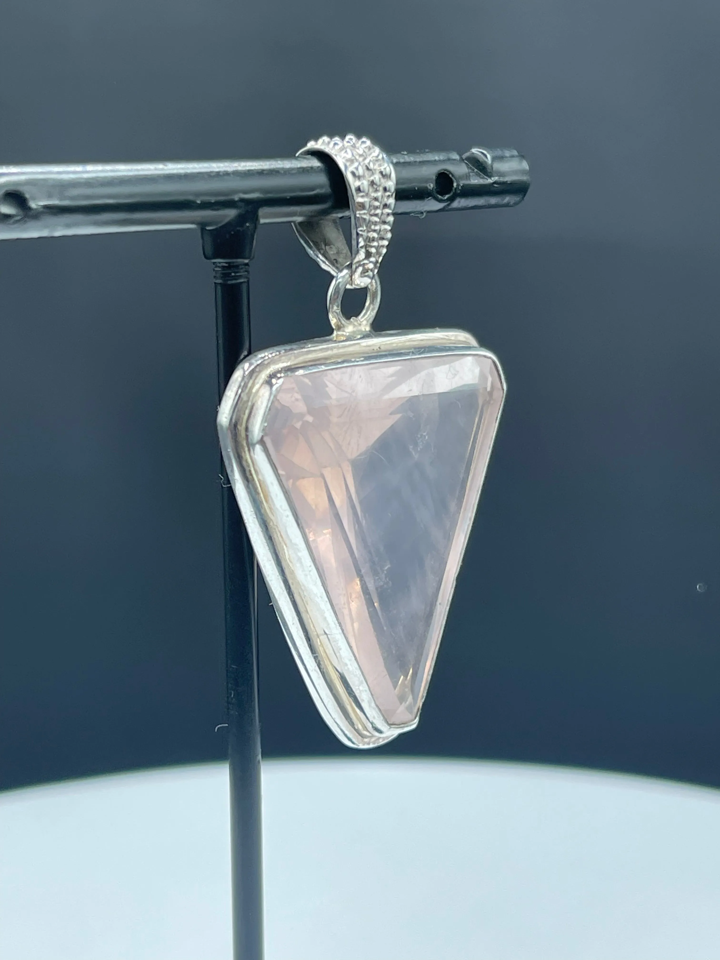 Elegant Trillion Cut Rose Quartz Sterling Silver Pendant