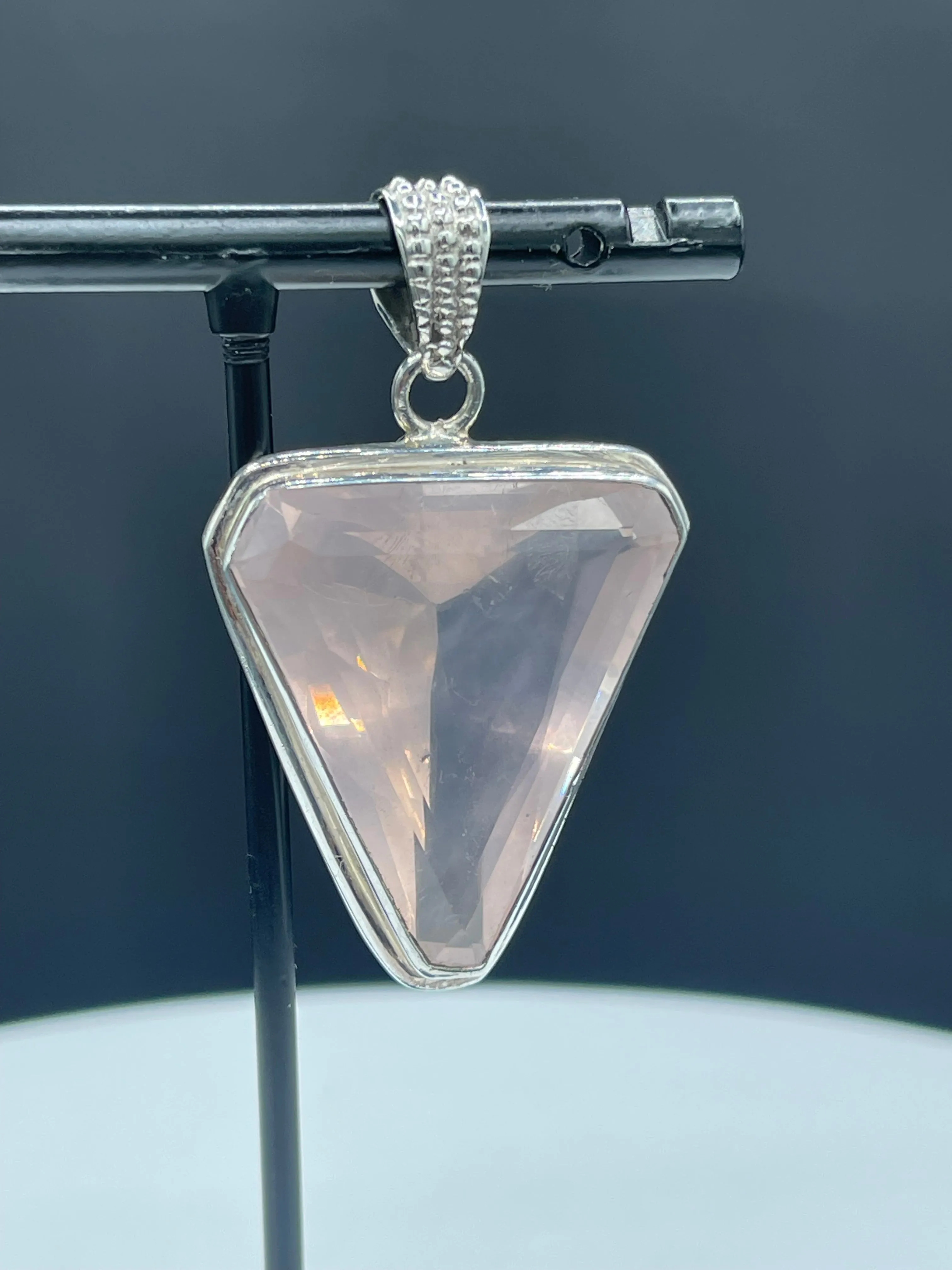 Elegant Trillion Cut Rose Quartz Sterling Silver Pendant
