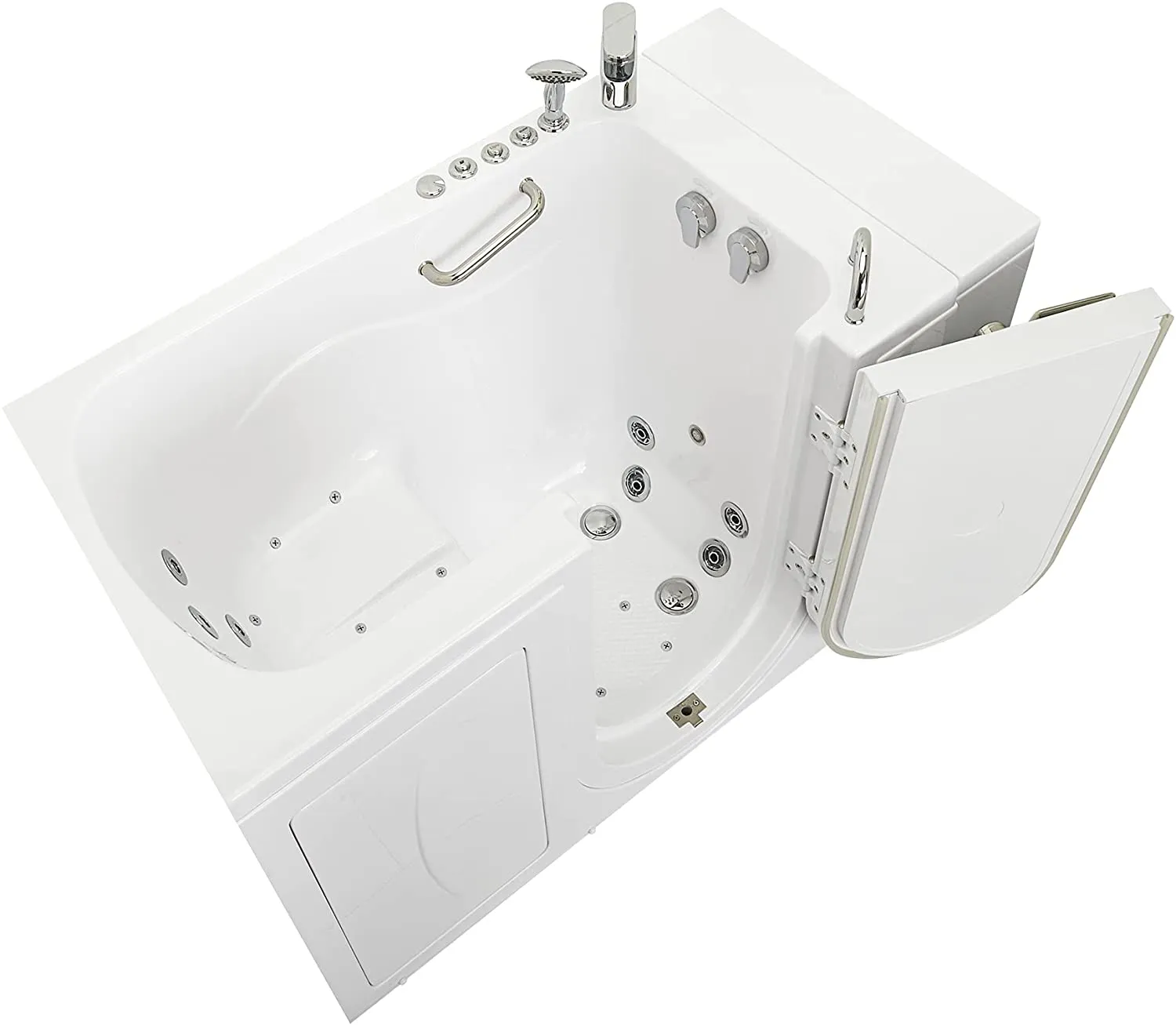 Ella Monaco 32"x52" Acrylic Air and Hydro Massage Walk-In Bathtub with Right Outward Swing Door, 2 Piece Fast Fill Faucet, 2" Dual Drain