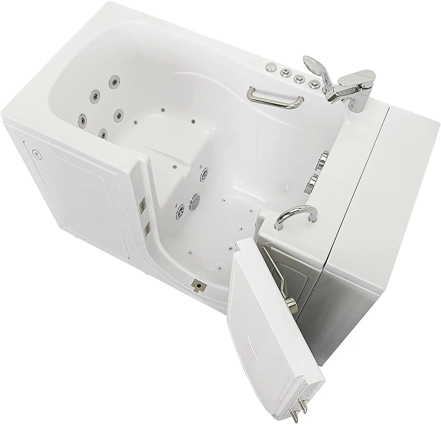 Ellas Bubbles Capri Acrylic Air and Hydro Massage and Heated Seat Walk-In Bathtub with Right Outward Swing Door, 2 Piece Fast Fill Faucet, 2" Dual Drain, White, 30x52x45, OA3052DH2P-R