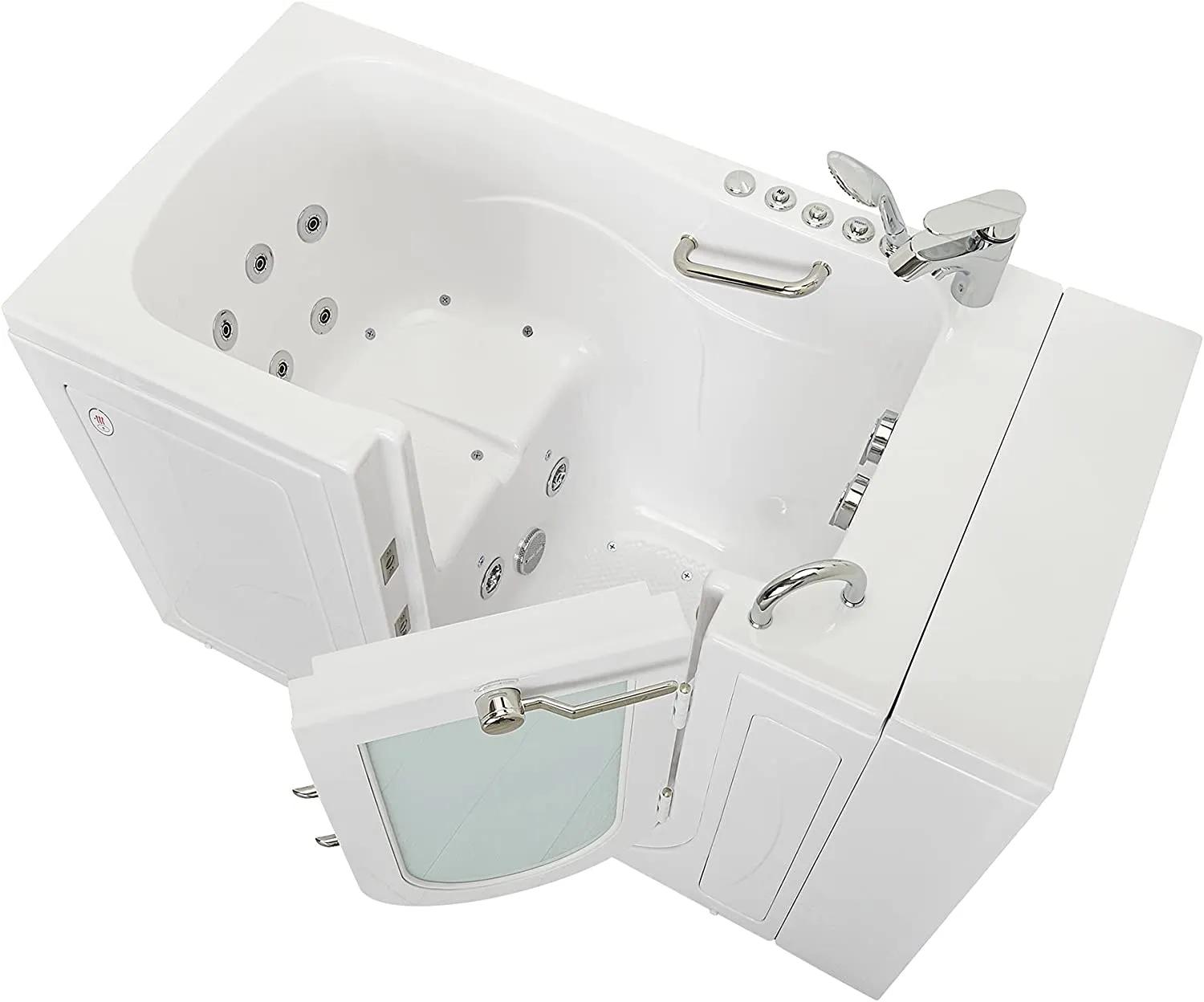 Ellas Bubbles Capri Acrylic Air and Hydro Massage and Heated Seat Walk-In Bathtub with Right Outward Swing Door, 2 Piece Fast Fill Faucet, 2" Dual Drain, White, 30x52x45, OA3052DH2P-R