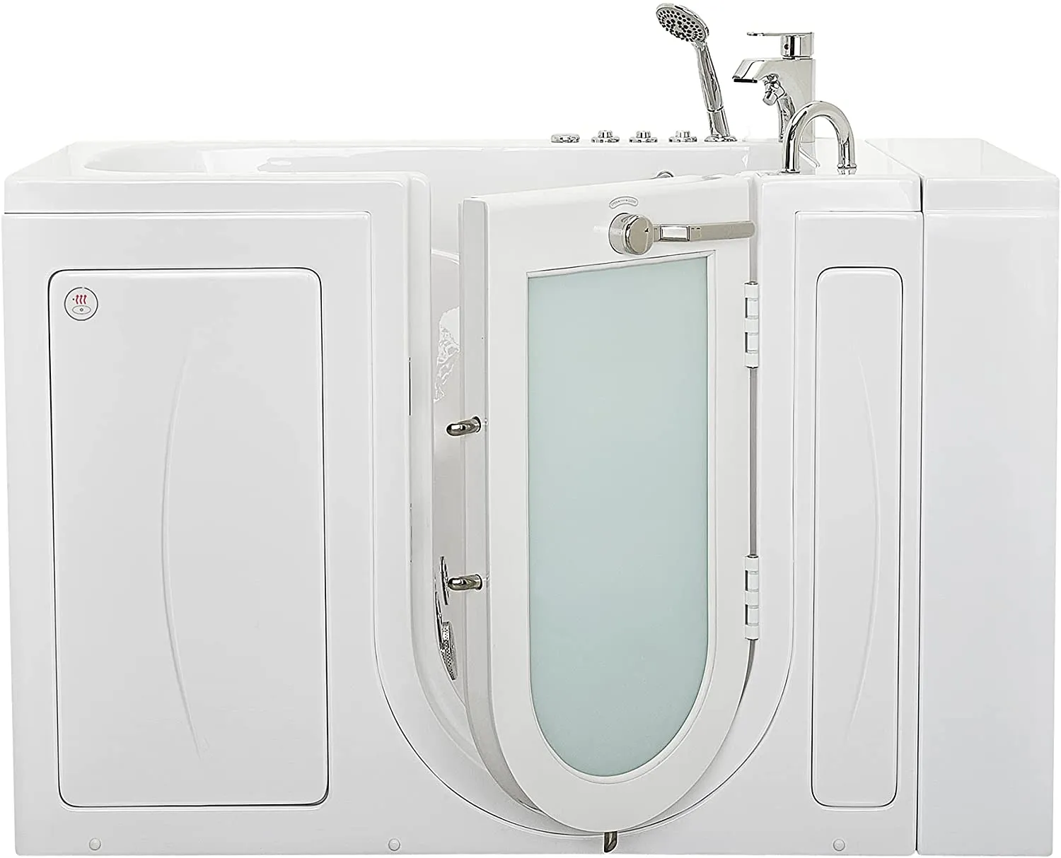 Ellas Bubbles Capri Acrylic Air and Hydro Massage and Heated Seat Walk-In Bathtub with Right Outward Swing Door, 2 Piece Fast Fill Faucet, 2" Dual Drain, White, 30x52x45, OA3052DH2P-R