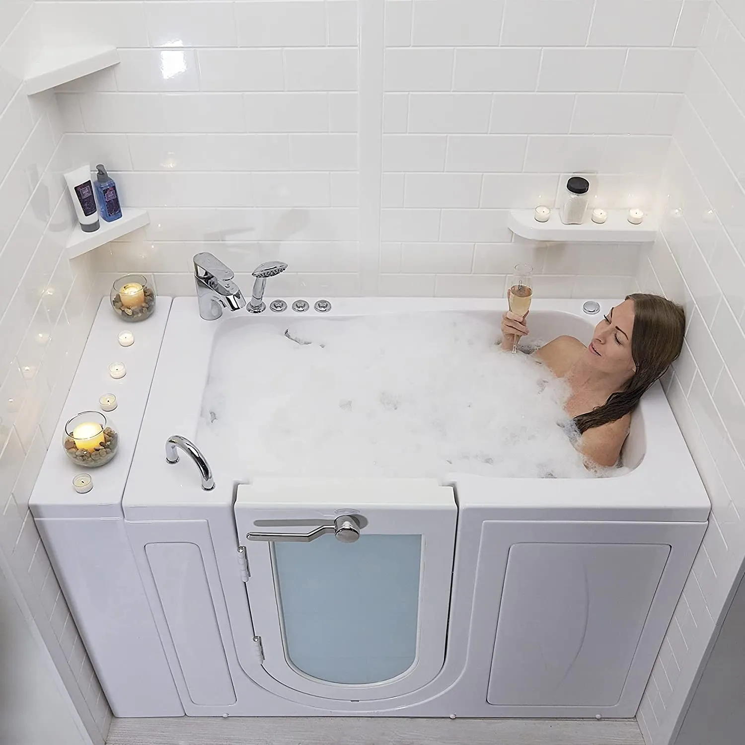 Ellas Bubbles Ella Capri 30"x52" Acrylic Air and Hydro Massage and Heated Seat Walk-In Bathtub with Left Outward Swing Door, 2 Piece Fast Fill Faucet, 2" Dual Drain,White,OA3052DH2P-L