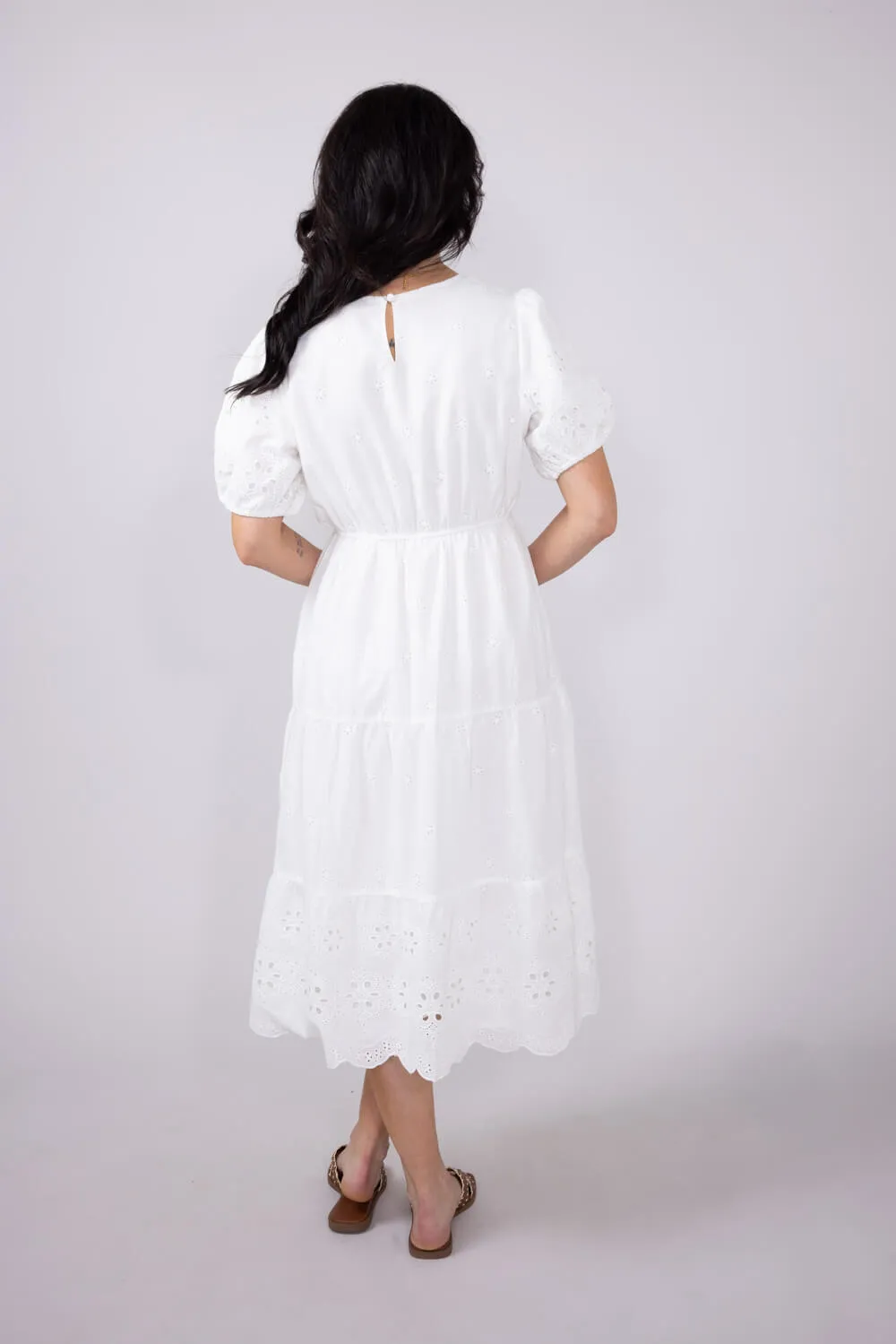 Embroidered Eyelet Tiered Midi Dress for Women in White | ID49019-WHT
