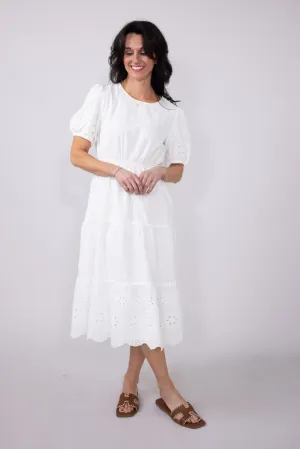 Embroidered Eyelet Tiered Midi Dress for Women in White | ID49019-WHT