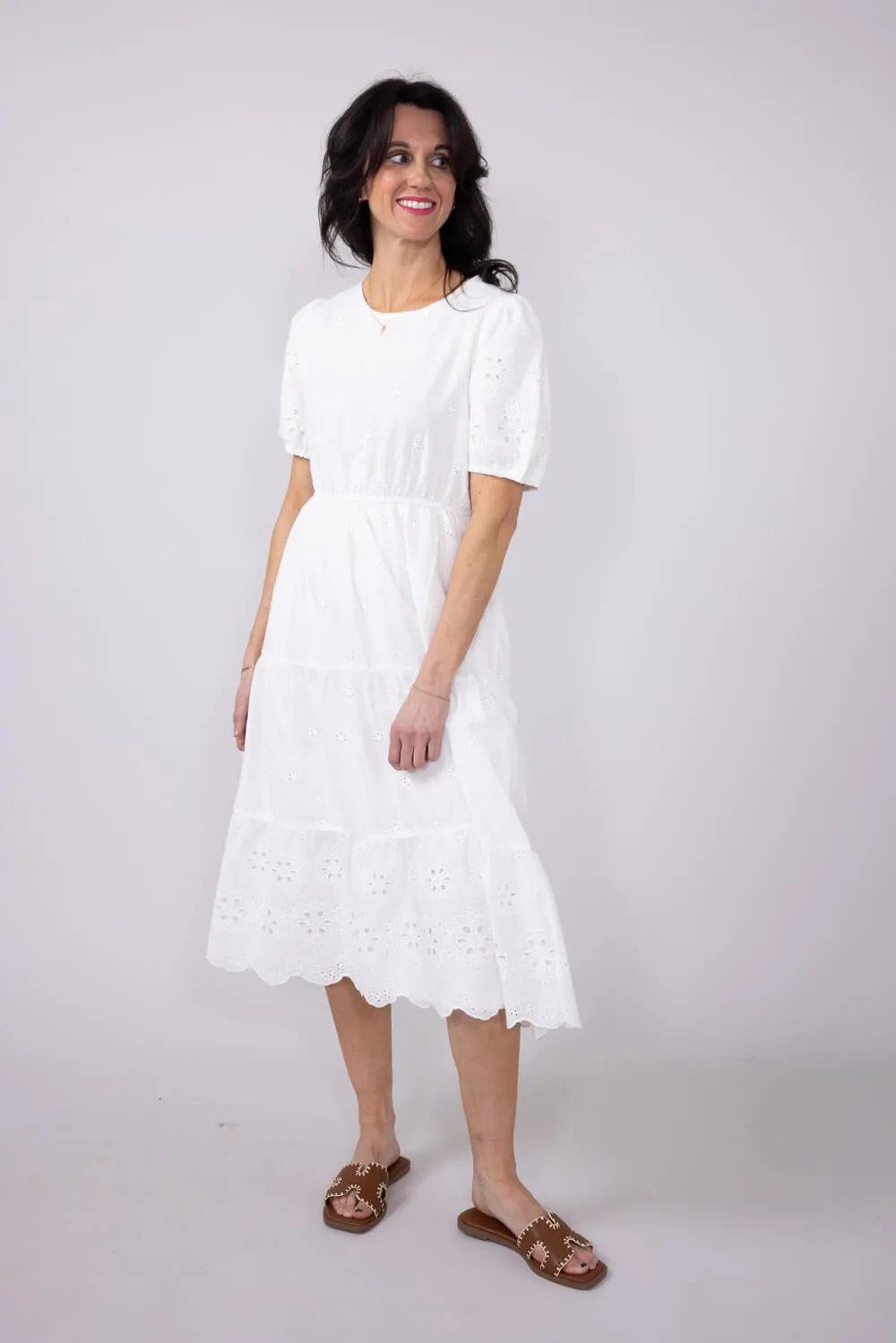 Embroidered Eyelet Tiered Midi Dress for Women in White | ID49019-WHT
