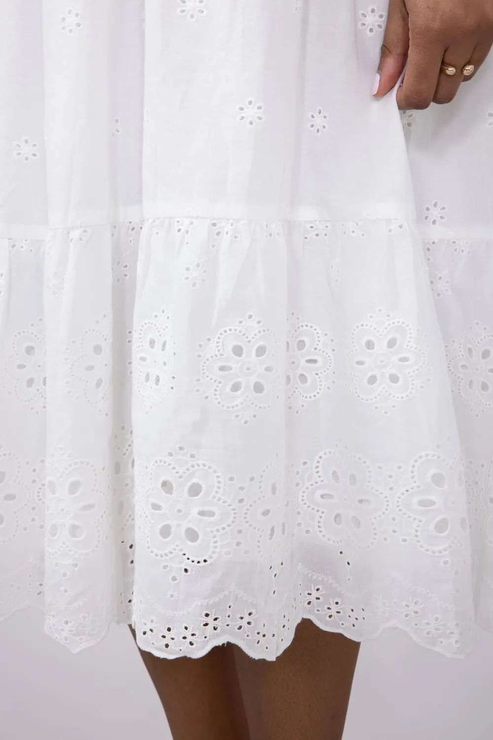 Embroidered Eyelet Tiered Midi Dress for Women in White | ID49019-WHT