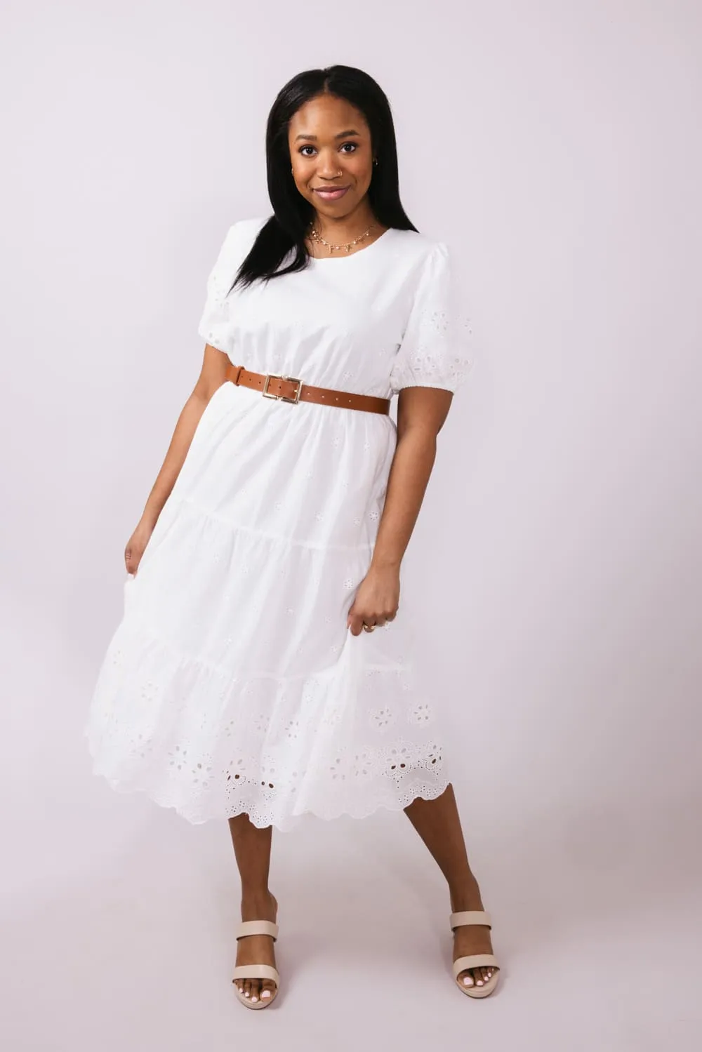 Embroidered Eyelet Tiered Midi Dress for Women in White | ID49019-WHT