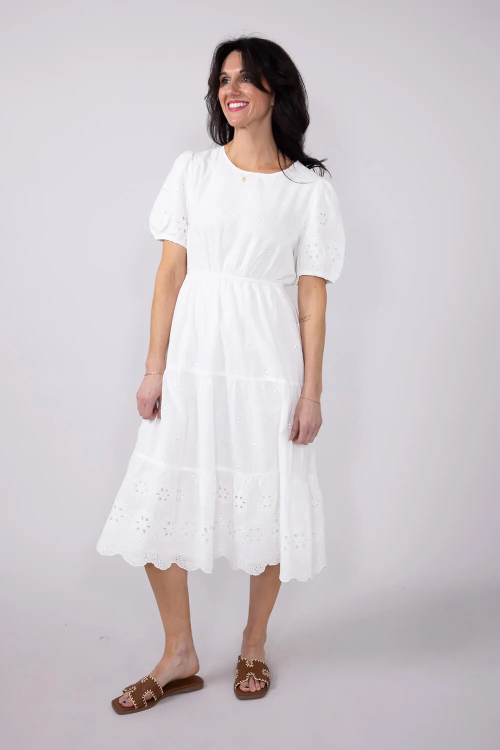 Embroidered Eyelet Tiered Midi Dress for Women in White | ID49019-WHT