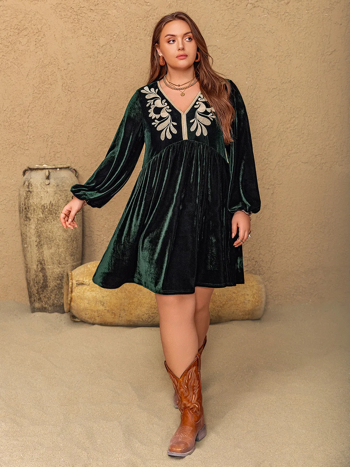 Embroidered V-Neck Long Sleeve Dress