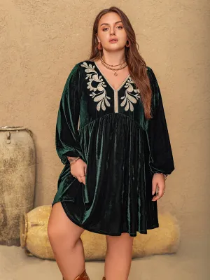 Embroidered V-Neck Long Sleeve Dress